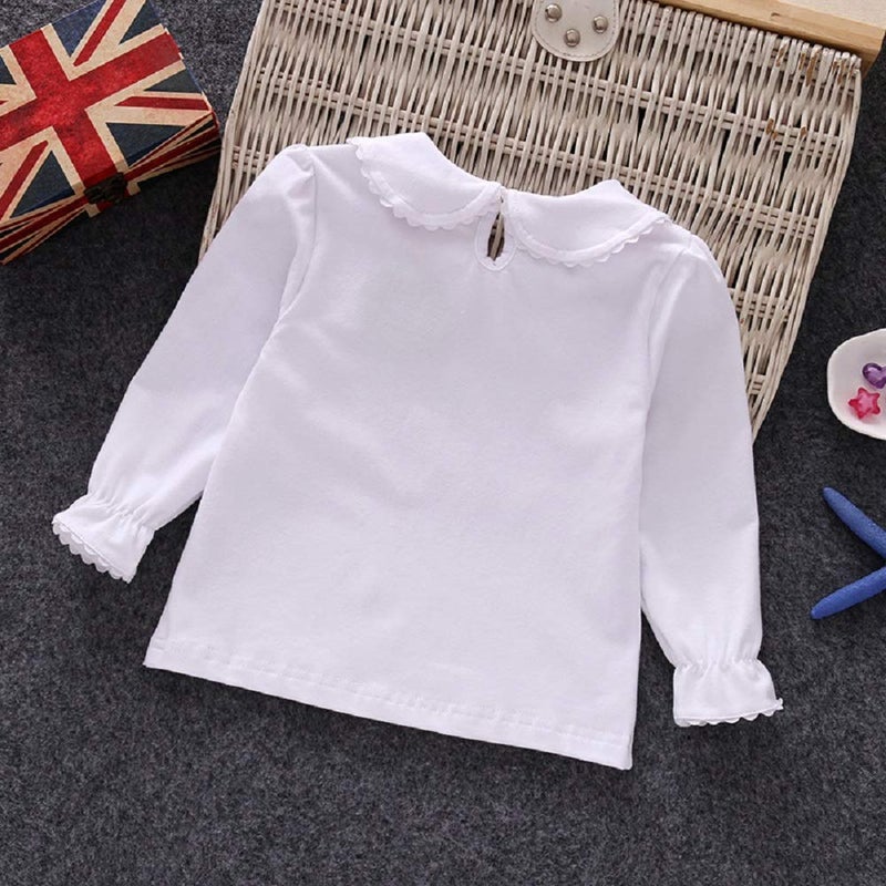 Noubeau Baby Girl Kids Blouses Long Sleeves Solid Color Doll Collar T-Shirt (White-2, 5-6T) - Image 2